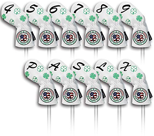 BIG TEETH Golf Iron Head Covers Long Neck 11pcs Set Golf Club Protector Elastic Closure Number Tag White PU Leather Green Lucky Clover Pattern