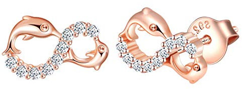 INFINIONLY Boucles d'oreilles pour femmes filles, ensembles de bijoux en argent 925, symbole de l'infini et dauphin mignon, zircon incrusté, or rose, Cadeau de Noël et d'anniversaire