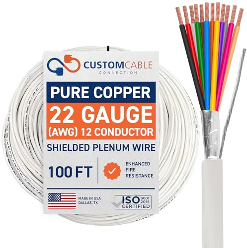 22 Gauge Wire (22 AWG) - 12 Conductor Stranded Copper Shielded Cable - UL Listed 22/12 Home Electrical Wire - Low Voltage Up to 300V - CMP/CL3P Low Smoke Plenum Jacket - USA Made (100ft - White)