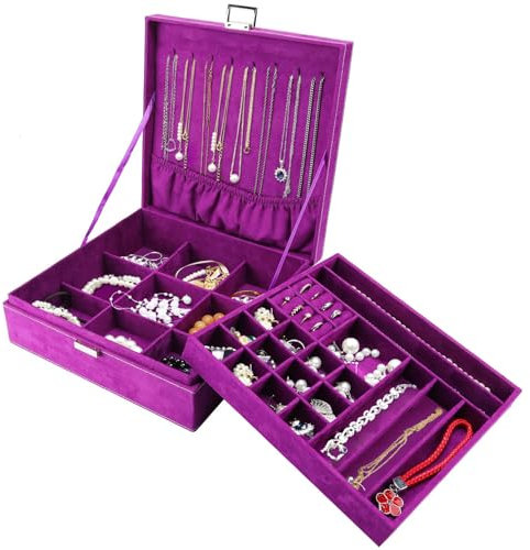 ProCase Estuche Joyero Grande Aterciopelado para Mujer, Caja Organizadora de 2 Pisos con Colgador de Collares Pendientes, Guardar Joyas Accesorios Decoración Pulseras Anillos Relojes en Hogar -Púrpura
