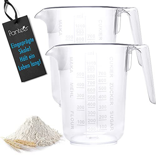 Panteer ® Messbecher 1L - Eingeprägte Skala - Unlösbar und spülmaschinengeeignet - Ideal als Küchenhelfer und Back Zubehör (2er Set)