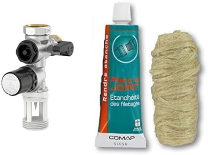 COMAP R110007001 Groupe de sécurité 889 siège INOX Droit pour Chauffe Eau, cumulus-20x27 ou 3/4, Gris & S102104 Kit de Etanchéité pâte à joint 50 ml avec bobine de filasse 40 g