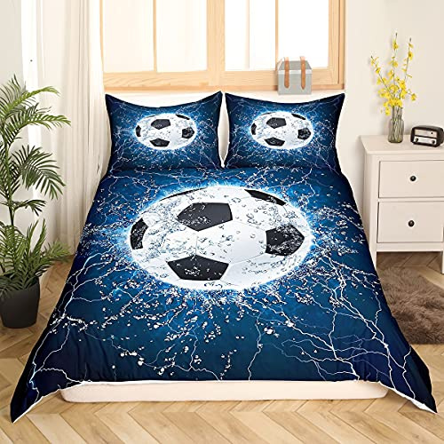 Feelyou Football Duvet Cover Cool Soccer Ball Bedding Set for Kids Boys Girls Sports Theme Decor Comforter Cover 3D Lightning and Blue Water Bedspread Cover Bedroom Collection 2Pcs Twin Size