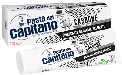 Pasta del Capitano, Dentífrico de Carbón Vegetal Activo Bio, Blanqueador Natural de Dientes en Pasta Negra, Efectivo contra las Sustancias que Manchan el Esmalte, 100% Made in Italy, Tubo de 100 ml