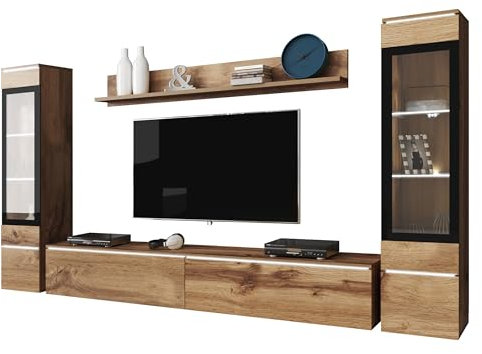 Mirjan24 Wohnwand Doppo II, Schrankwand, griffloses Öffnen, Anbauwand, Fernsehschrank, Mediawand, Wandregal, TV-Lowboard, 2X Hängevitrine (Wotan/Wotan, mit weißer LED Beleuchtung)