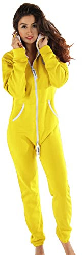 Gennadi Hoppe Damen Jumpsuit Hausanzug Overall Frauen Onesie Ganzkörperanzug Einteiler Baumwolle bequem kuschelig lässig sportlich trendy stylisch weich warm locker gelb gelber L H6147