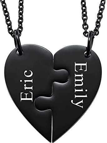 INBLUE Personalisierte Halskette für Männer/Frauen, Paar-/Freundschaftskette für 2/3/4/5 Teile, Schwarz/Silber Herz-Puzzle-Teile-Halsketten-Sets, Name/Text-Gravur Edelstahl-Halskette