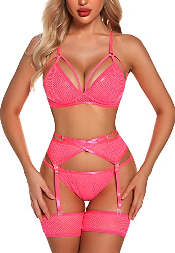 EVELIFE Women Lingerie Set with Garter Belt 4 Pieces Bra and Panty Sets High Waisted Suspenders Underwear No Stockings (Pink,M)