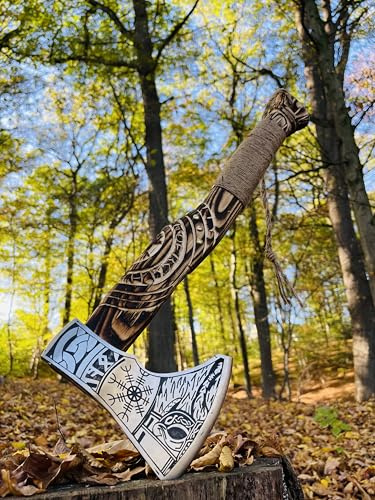 CraftTal vikingayxa blad av 1095 kolstål med skida viking gåva viking yxa ragner yxa graverat handtag viking