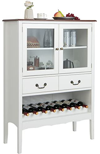 COSTWAY Küchenschrank mit Weinregal, Buffetschrank aus Kiefernholz, Küchenbuffet mit 2 Schubladen und 2 Glastüren, Küchen Sideboard mit Kippsicherung für Küche, Esszimmer & Wohnzimmer, weiß