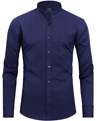 J.VER Mens Navy Blue Grandad Collar Dress Shirt Regular Fit Long Sleeve Casual Non Iron Button Down Banded Collar Shirt with Pocket L