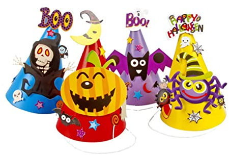 STOBOK 12stücke Halloween-papierhut Mütze Für Junge Mädchen Bastelset Mit Totenkopf Fledermaus Kürbis Spinne Hochwertiges Papier Gummiband Für Sicheren Halt Halloween-design Und Farben