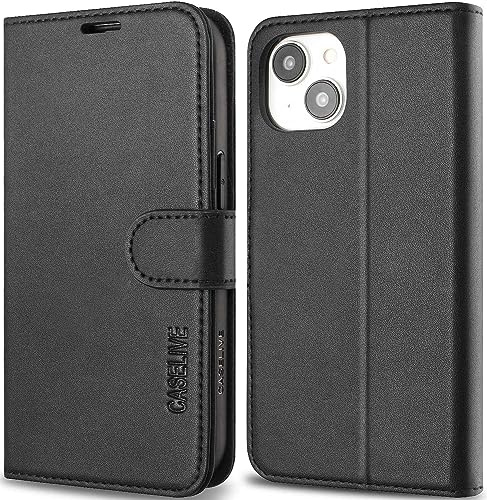 CASELIVE Handyhülle für iPhone 13/iPhone 14 - Leder Klapphülle mit Kartenfächern, Stoßfeste Schutzglas, Standfunktion (Schwarz)