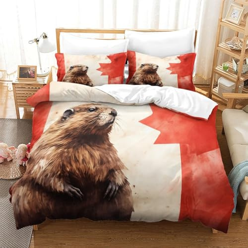 ONDIAN Canadian Beaver 3D Printedpatriots Duvet Cover Comforter Covers Bedding Set Quilt Cover with Pillowcases 3 Pieces Microfiber for Childrens and Adults with Zipper Closure Full（203x228cm）