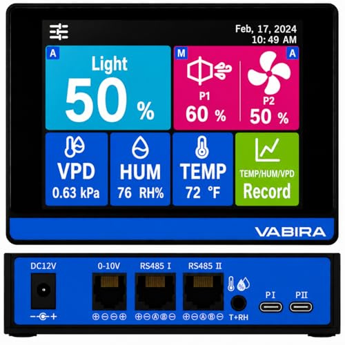 VABIRA VBR-LightFan Control Grow Light, ventilatore da condotto in linea e VPD. Registra temperatura, umidità, VPD. Schermo tattile. RJ11, RJ14.