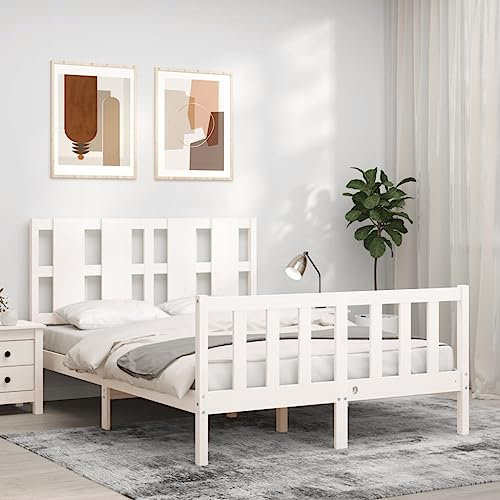 Camerina Massivholzbett mit Kopfteil Bettgestell Bed Frame Holzbett Kopfteil Bett Schlafzimmer Bett Massivholzbetten Weiß 120x200 cm 3192227