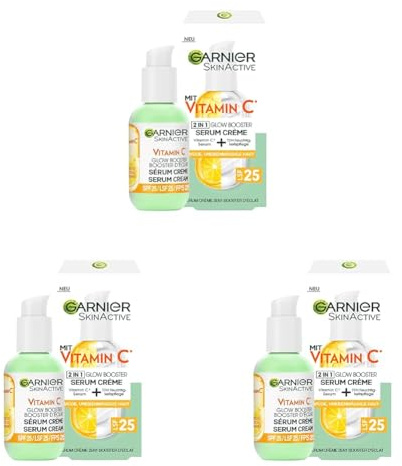 Garnier Serum-Crème gegen müde Haut und dunkle Flecken, 2in1 Tagespflege für mehr Glow und einen ebenmäßigen Teint, Mit Vitamin C, Skin Active, 50 ml (Packung mit 3)