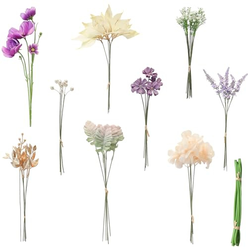 Floroom Artificial Greenery Stems Box Set, 45pcs with 9 Kinds of Faux Greenery Flowers Picks for DIY Bridal Bouquets Wedding Floral Arrangement Table Centerpieces, Lavender & Gold