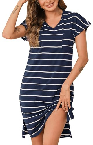 Jahetuul Camisones de Mujer Camison Mujer Dormir Algodón Batas de Casa Mujer Camisón Mujer a Rayas de Manga Corta Ropa de Dormir Pijama Corto Mujer con Diseño de Abertura