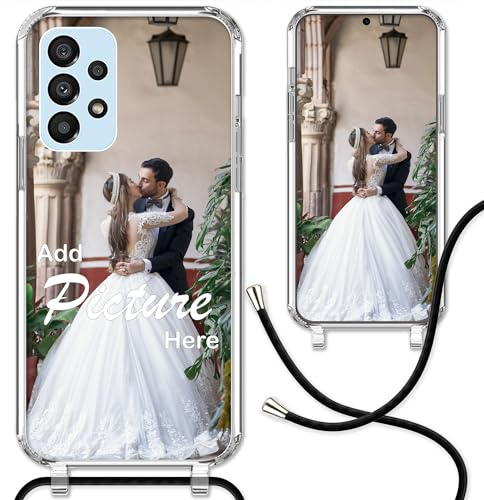 CoverHeld Samsung Galaxy A33 5G Handyhülle mit Band selbst gestalten aus Silikon Hülle mit deinem Bild/Design personaliseren und einzigartig Machen/Handykette Kordel Band in Schwarz