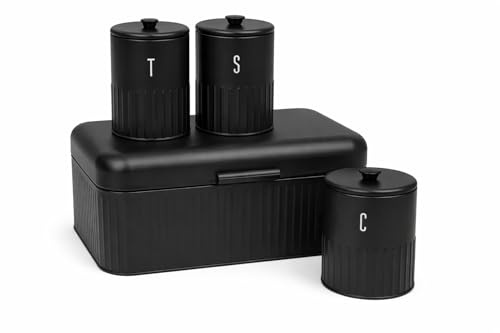 Blackmoor Callisto Tea, Coffee, Sugar, Bread Bin Storage Set/Secure Lids for Freshness / 4pc Kitchen Canisters/Ribbed Embossed Design (Black)
