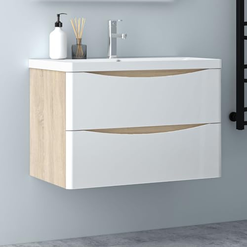 Biubiubath Eiche Weiß Badezimmerschrank 80cm Mineralgusswaschbecken mit Unterschrank Badmöbel-Set 2 Soft-Close Schubladen Hängend