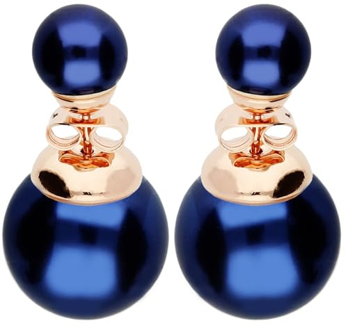 LÖB Ohrstecker Doppel Ohrringe 750er Roségold Vergoldet Zwei Perlen Blau, Damen Perlenohrringe Perlenohrstecker Kugel Front Back Set Rose Gold Schmuck