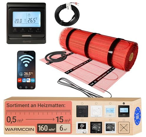 Warmcoin Tapis chauffant avec thermostat W51 WI-FI noir - Chauffage au sol électrique - Autocollant - Différentes tailles - 160 W/m² (6 m²)