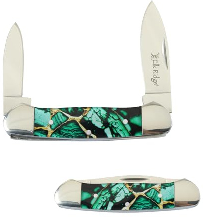 Elk Ridge Collection Every Day Carry 3 Blade Smooth Non-Slippery Handle Trapper Folding Pocket Knife (Dark Green)