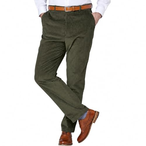 Mens Corduroy Cord Formal Trousers, Smart Cotton Business Executive Office Trouser, Casual Classic Straight Leg Flat Front Work Bottom Pants with Pockets Size 30-50, Olive-36W / 31L