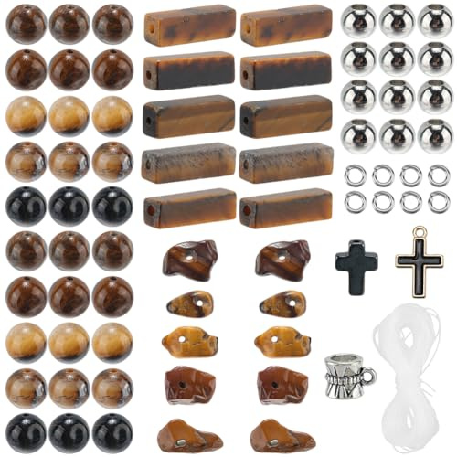 SOFPLATE 1 Box Tigerauge Perlen Set 8mm Edelsteinperlen Armband Bastelset Mit Kreuz Emaille Anhängern Abstandshaltern Bügelperlen Kristall Stretchkordel Für Ostern Rosenkranz Schmuckherstellung Zubeh