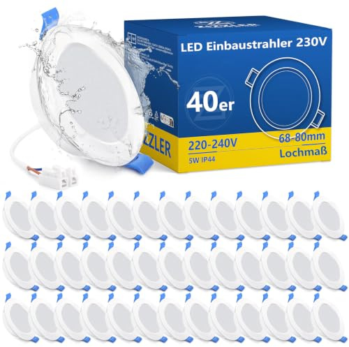 ZIZZLER 40er Set LED Einbaustrahler Spots 230V Flach 68-80mm Lochmaß, Kaltweiß Deckenspots, IP44 Einbauleuchten für Badezimmer Feuchtraum, 5W 6000K Einbauspots für Küche Schlafzimmer Wohnzimmer