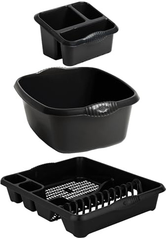 Homey Mart 3-Piece Kitchen Washing Set, Large Dish Drainer, 39cm Rectangular Bowl and Sink Organiser - Black