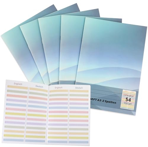 Tikplus Lot de 5 cahiers de vocabulaire anglais - Format A5 - 2 colonnes - 80 g/m² - Linéature 54 - 16 feuilles de vocabulaire - Avec ligne de division - Pour étudiants, apprendre à pratiquer