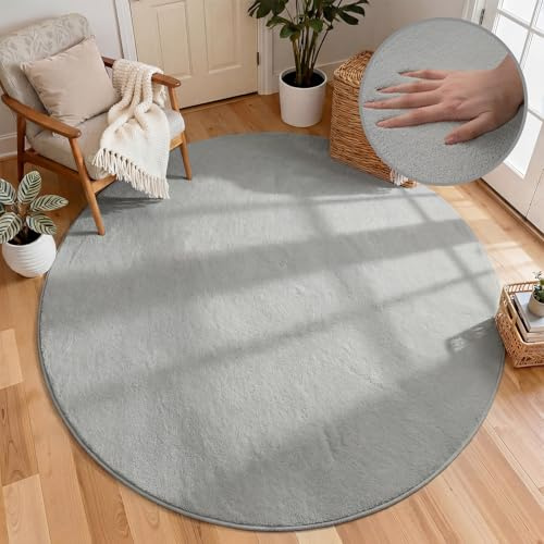 Homcomodar Runder Teppich Wohnzimmer 160cm Hellgrau Wohnzimmerteppich Teppich Flauschig Anti-Rutsch Teppiche Schlafzimmer Kurzflor für Schlafzimmer,Wohnzimmer,Kinderzimmer,Esszimmer,Küchenteppich