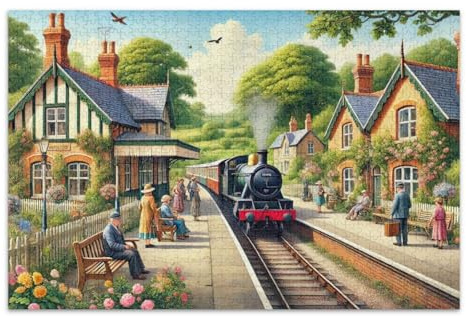 Train Station Village Jigsaw Puzzle for Adults 500 or 1000 Pieces, Thick Paper Puzzle with Lettered Back Zones for Easier Sorting, Gift for Family Game Night 1000pieces