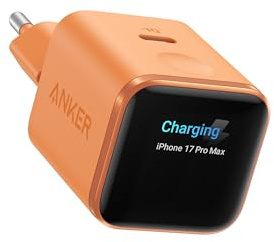 Anker Nano USB-C Väggladdare, 45W snabbladdande laddare med smart display, med 180° vikbar kontakt, smart identifiering, inbyggt Care-läge, för iPhone 17/16/15 (en USB-C-port, kabel ingår ej) (orange)