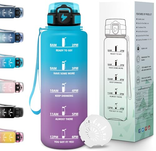 Motswedi Gourde 1,5l, Gourde sport, Anti-Fuite, Bouteille d'eau, Motivation avec Marqueur de Temps, Bouteille Eau pour Sport, Université, Bureau et Vélo - Bleu&Violet