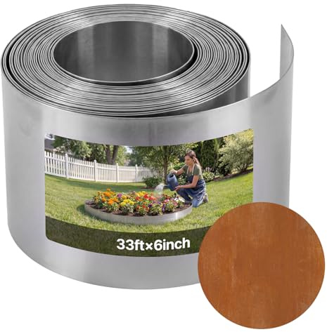VEVOR Borde de Césped de Acero Corten 10 m x 15 cm, Delimitador Exterior en Rollo, Separador Metálico Resistente, Bordura de Jardín Flexible con 1 Par de Guantes para Parterres Senderos Paisajismo