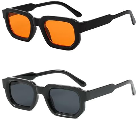 aieieii 2 Pcs Rectangle Square Sunglasses, Tinted Lens UV400 for Men Women | Orange Tinted Sunglasses, Black Lens & Orange Lens UV400, Square Glasses Daily Wear, Party Travel