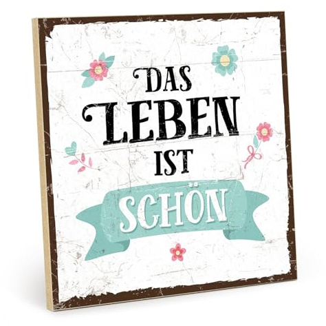 TypeStoff Holzschild mit Spruch – DAS LEBEN IST SCHÖN – Grafik-Bild bunt, Wandschild, Türschild, Holztafel, Holzbild als Geschenk und Dekoration - HS-00246