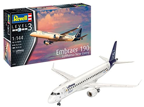 Revell Modellbau, Embraer 190 Lufthansa New Livery, 1:144 Bausatz, 55 Teile, Bastelset ab 10 Jahren - Detailgetreues Modell, Flugzeug, Neue Lackierung