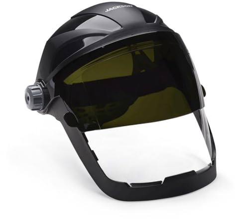 Jackson Safety 14230 Quad 500 Premium Multi-Purpose Face shield/Face Guard; Ratcheting Headgear, Clear Tint, Anti-Fog Coating, visor face protection with 5 IR rated Flipshade, Black