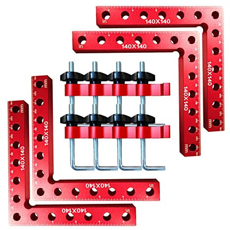 Lot de 4 carrés de positionnement en alliage d'aluminium à 90 degrés, 140 mm à angle droit de type L, outil de serrage pour la fabrication de cadres de porte de boîte (7 trous avec 8 pinces)