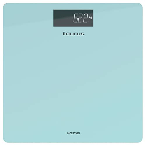 Taurus Inception - Bilancia pesapersone digitale, design sottile, 28x28 cm, vetro temperato ultra resistente, kg/lb, display ad alta visibilità, max 180kg/min 3kg, piedini antiscivolo, azzurro