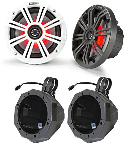 KICKER 45KM654L 6.5 RGB LED Marine Speakers with SSV US2-C65U Universal 6.5-inch Cage Mount Speaker Pods Including 2.00 Dual Clamps