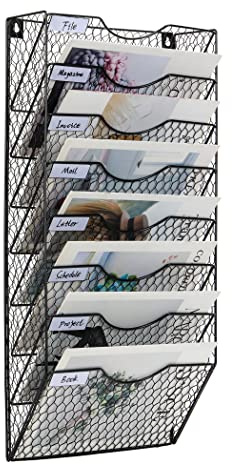EasyPAG 8 Fächer Metall Hühnerdraht A4 Zeitschriftenhalter Wand Zeitschriften Wandhalter Aktenablage Dokumentenhalter Hängend Magazin Organizer Flyerhalter Prospektspender,Schwarz