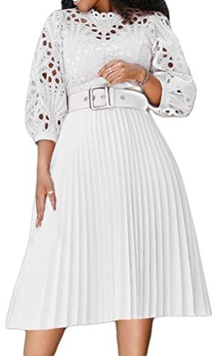 Minetom Damen Elegant Cocktail Party Floral A Linie Kleid Faltenrock Ballkleider Rockabilly Midi Kleid Brautjungfernkleid Spitzenkleid A Weiß (mit Gürtel) S