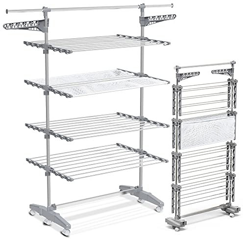 VOUNOT Wäscheständer Turm für Innen, Platzsparender Turmwäscheständer mit Faltbaren Flügeln, Teleskopstange und Rollen, 28m Trockenlänge, 4 Ebenen