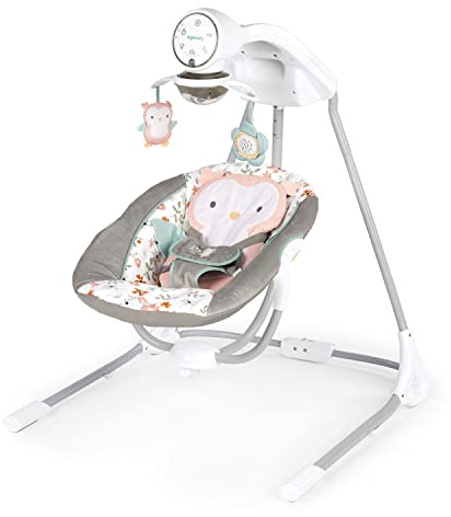 Ingenuity InLighten 5-Speed Baby Swing - Swivel Infant Seat, 5 Point Safety Harness, Nature Sounds, Lights - Nally Owl